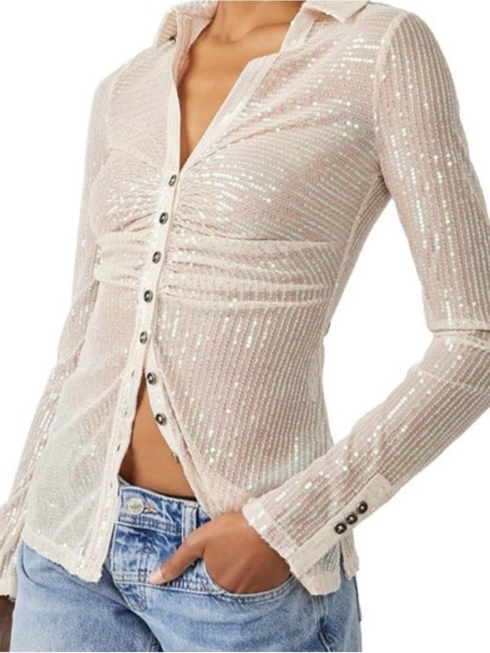 NWT  Free People Sequin Shirtee Sheer Button-Front Top in Champagne Dreams Large